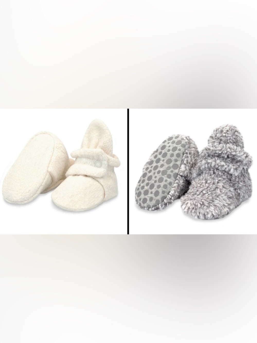Zutano set of 3-6 month infant booties, cream cozy fleece and gray furry gripper
